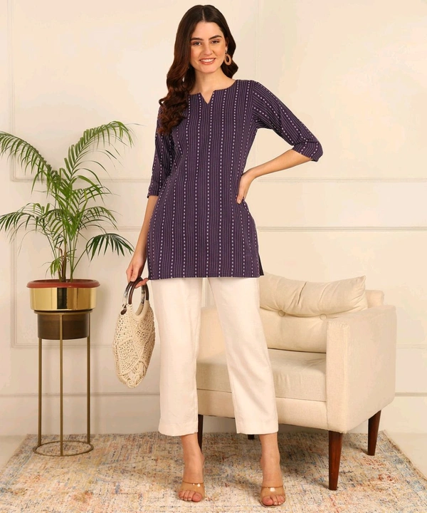 Women Striped Pure Cotton. Straight Kurta (Purple) - Eggplant, L