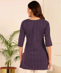 Women Striped Pure Cotton. Straight Kurta (Purple) - Eggplant, L