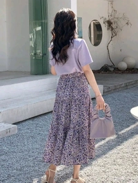 Lavender Floral Skirt Korean Co-ord Set for Women - Amethyst Smoke, XL