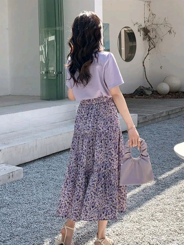 Lavender Floral Skirt Korean Co-ord Set for Women - Amethyst Smoke, XL