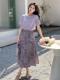 Lavender Floral Skirt Korean Co-ord Set for Women - Amethyst Smoke, XL