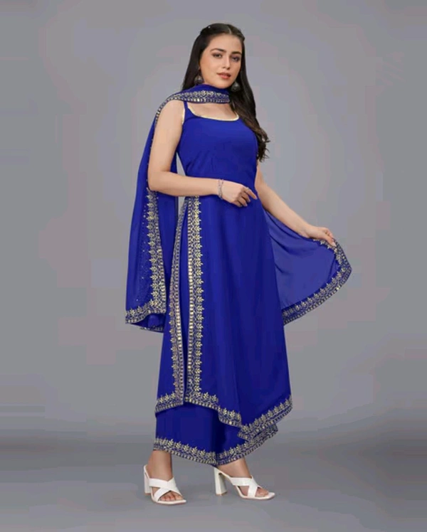Women's Georgette Sleeveless Kurti Set With Embroidered Lace - Blue, M