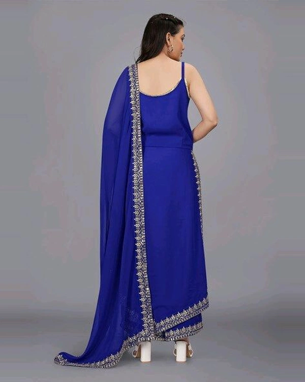 Women's Georgette Sleeveless Kurti Set With Embroidered Lace - Blue, XL