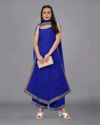Women's Georgette Sleeveless Kurti Set With Embroidered Lace - Blue, XXL