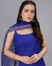 Women's Georgette Sleeveless Kurti Set With Embroidered Lace - Blue, XXL