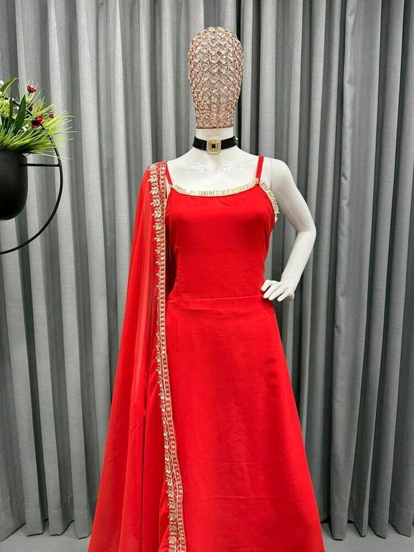 Women's Georgette Sleeveless Kurti Set With Embroidered Lace - Red, XXL