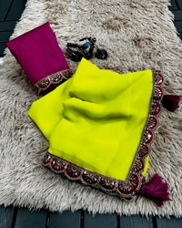 georjet boder saree lonch - Bitter Lemon, Free Size