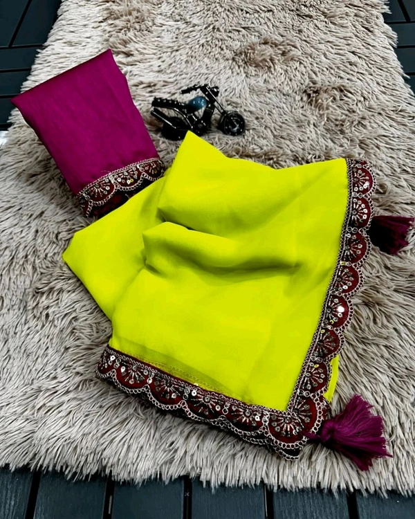 georjet boder saree lonch - Bitter Lemon, Free Size