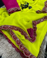 georjet boder saree lonch - Bitter Lemon, Free Size