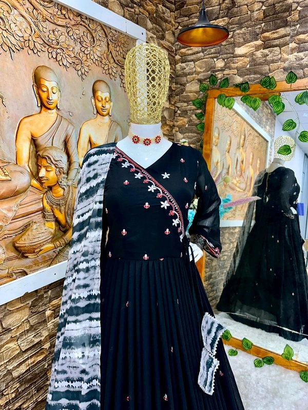 Elegant White Color Georgette Embroidery Sequence Gown - Black, XL