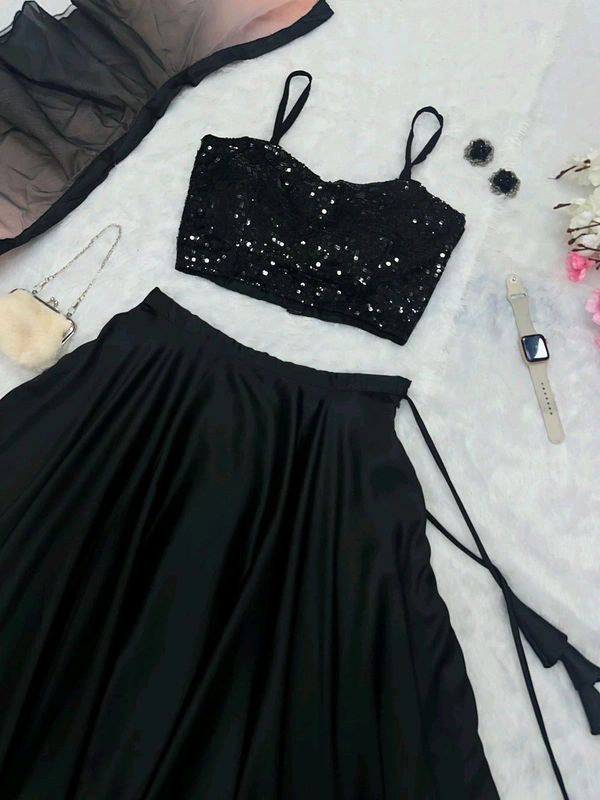 Black and Pink Lehenga Choli in Sequence Georgette Blouse and Satin Lehenga - XL, Black