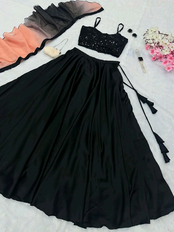 Black and Pink Lehenga Choli in Sequence Georgette Blouse and Satin Lehenga - XL, Black