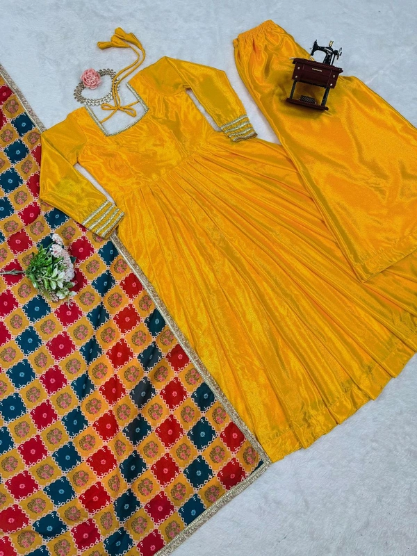 Festive Special Yellow Chinon Silk Gown - Tangerine, L