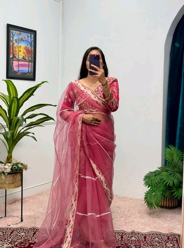 Party Wear Butterfly Net Moti Saree - Charm, Free Size