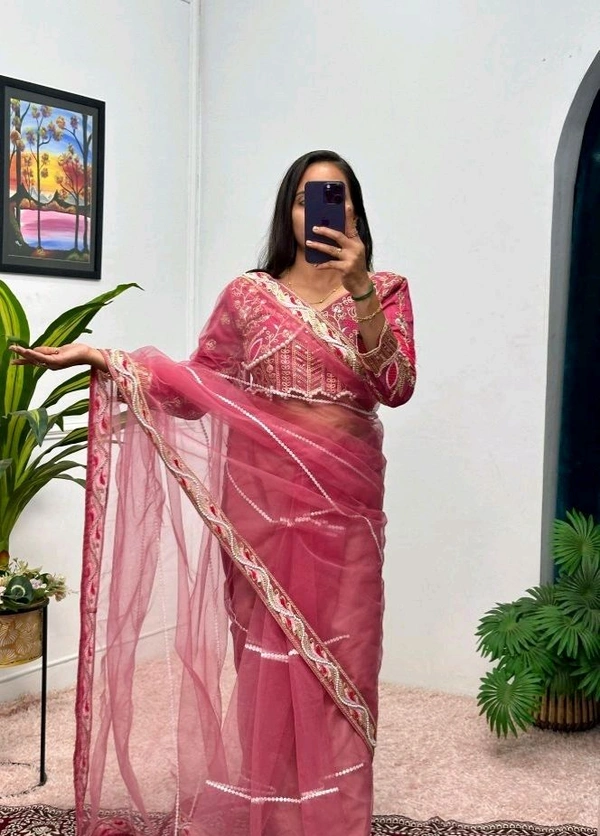 Party Wear Butterfly Net Moti Saree - Charm, Free Size