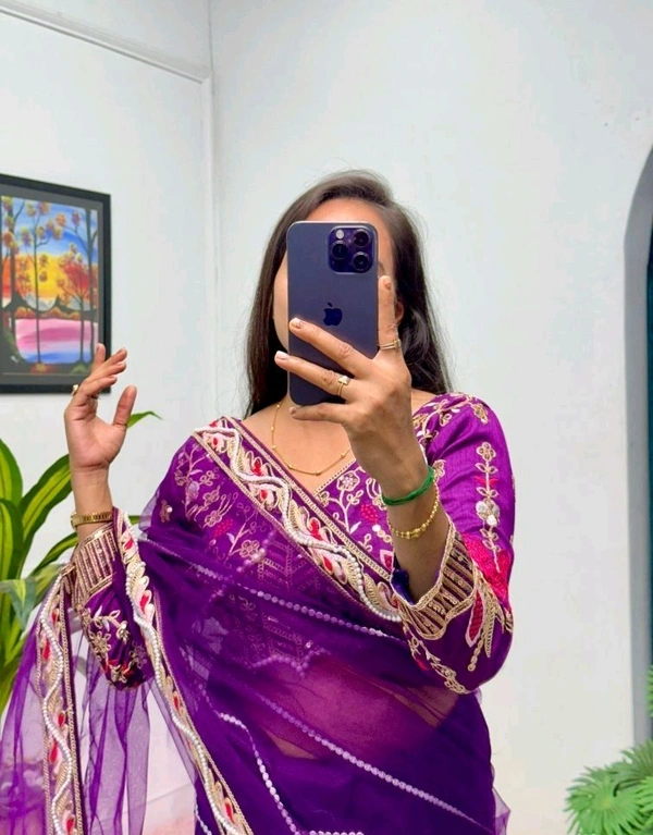 Party Wear Butterfly Net Moti Saree - Ripe Plum, Free Size