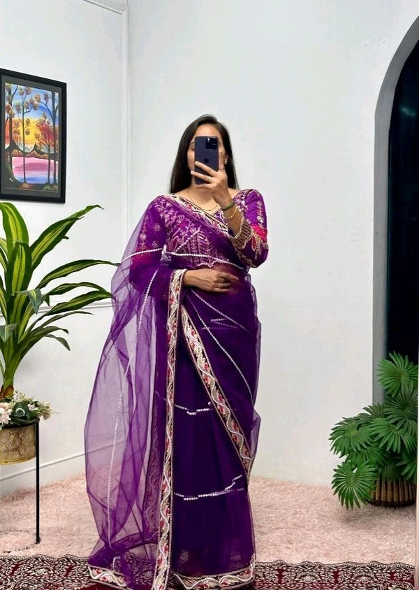 Party Wear Butterfly Net Moti Saree - Ripe Plum, Free Size
