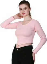 Ribbed deep Neck Crop top - Pink Flare, L