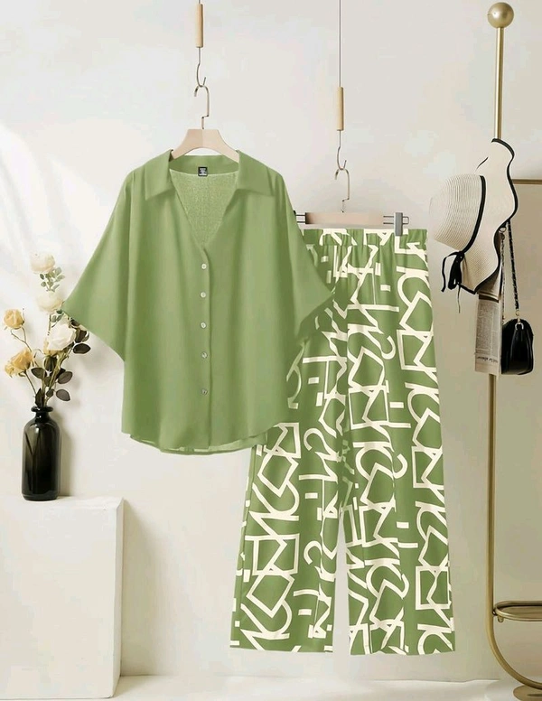 ELEGANT PINE GREEN TOP WITH GRAPHIC PALAZZO SET - Flax Smoke, M