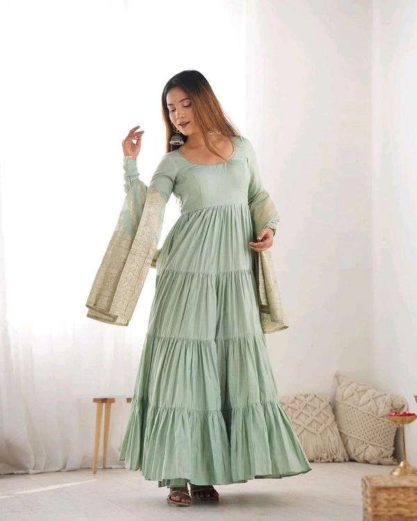 PURE SOFT FOX GEORGETTE FULL FLAIR LAYRED ANARKALI SET - Lemon Grass, XXL