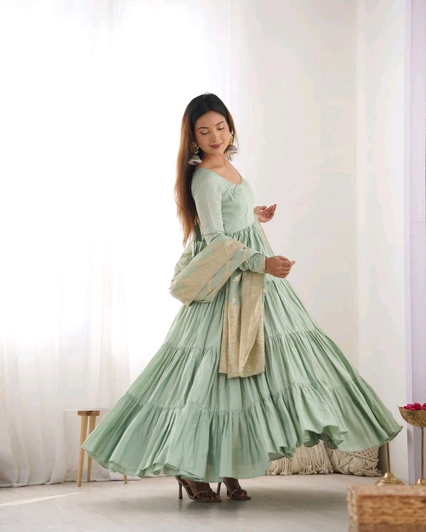 PURE SOFT FOX GEORGETTE FULL FLAIR LAYRED ANARKALI SET - Lemon Grass, XXL