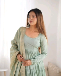 PURE SOFT FOX GEORGETTE FULL FLAIR LAYRED ANARKALI SET - Lemon Grass, XXL