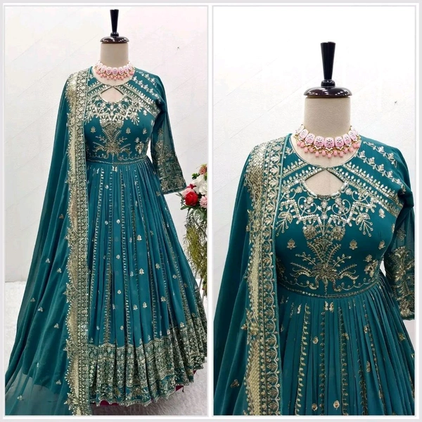 Designer Teal Blue Color Heavy Work Anarkali Gown - Surfie Green, M