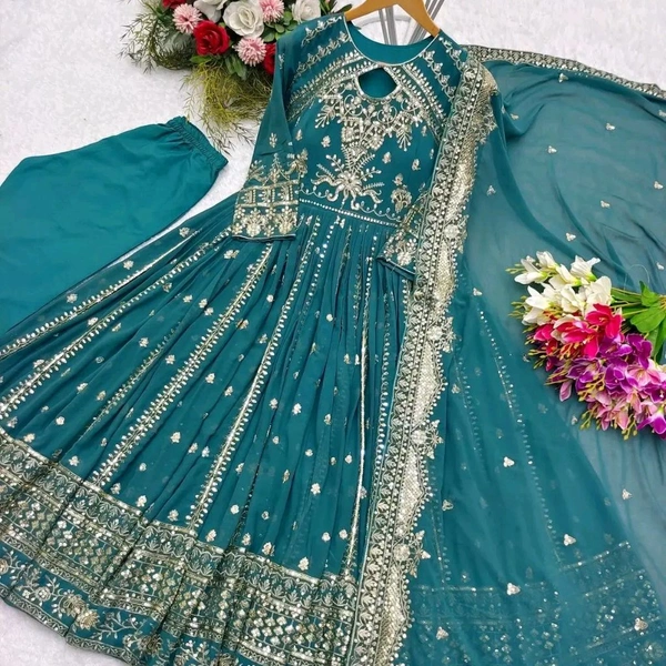Designer Teal Blue Color Heavy Work Anarkali Gown - Surfie Green, M