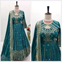 Designer Teal Blue Color Heavy Work Anarkali Gown - Surfie Green, M
