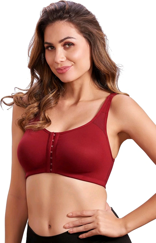 Women Cotton Brushed Lycra Full Coverage No Bounce, Non-Wired, Non-Padded Front Open Magic Bra with Back Support - Merlot, 42B
