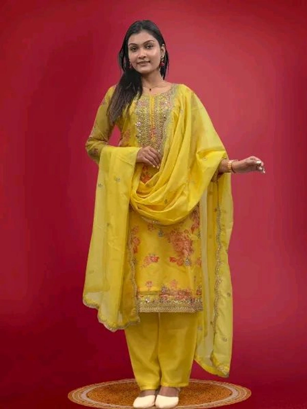 Off White Kurti Pant Set in Organza With Print Embroidery and Stone With Dupatta - Gold Tips, XL