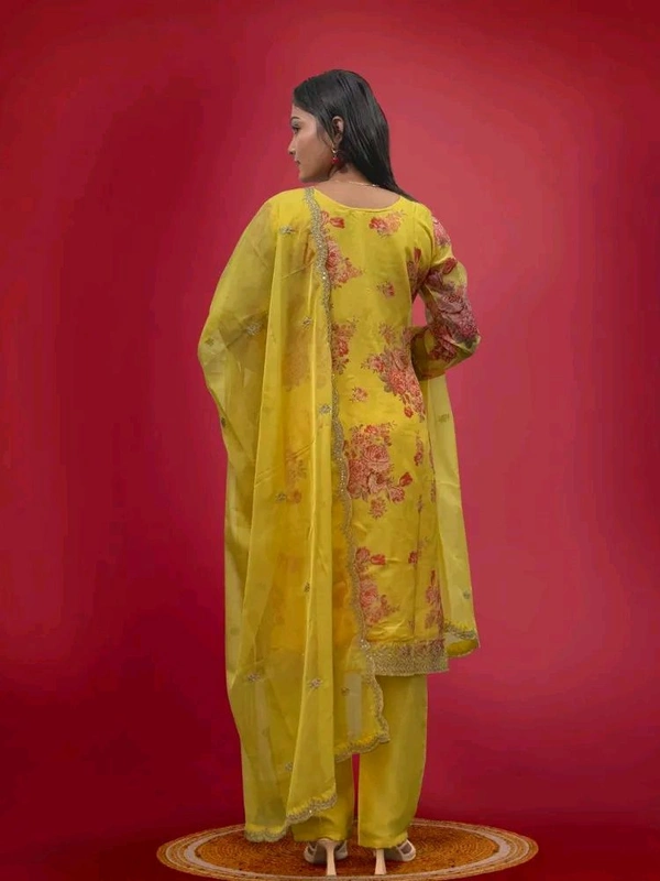 Off White Kurti Pant Set in Organza With Print Embroidery and Stone With Dupatta - Gold Tips, XL