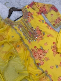 Off White Kurti Pant Set in Organza With Print Embroidery and Stone With Dupatta - Gold Tips, XL