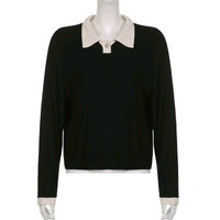 Korean Style T-shirt With Collar Style Cotton Blend Crop Top - Black, S