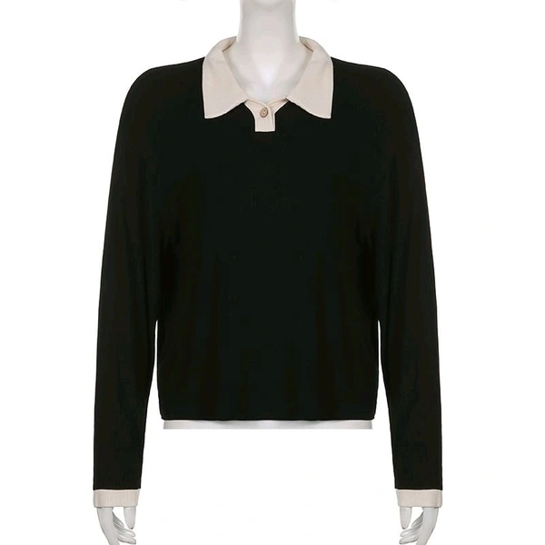 Korean Style T-shirt With Collar Style Cotton Blend Crop Top - Black, S