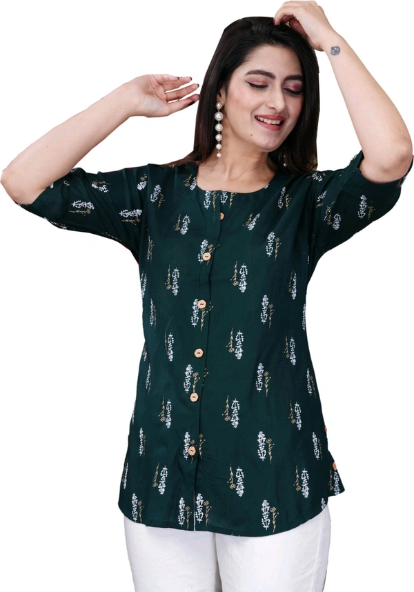Casual Roll Up Sleeves Printed Women Green, Yellow, White Top
- Dark Green, M