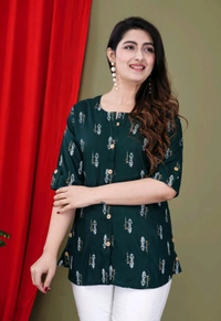 Casual Roll Up Sleeves Printed Women Green, Yellow, White Top
- Dark Green, M