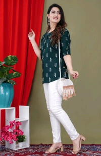 Casual Roll Up Sleeves Printed Women Green, Yellow, White Top
- Dark Green, M