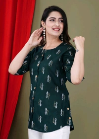 Casual Roll Up Sleeves Printed Women Green, Yellow, White Top
- Dark Green, M