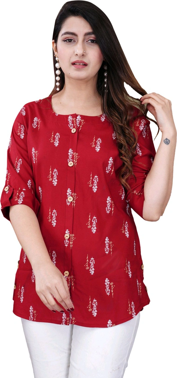 Casual Roll Up Sleeves Printed Women Green, Yellow, White Top
- Maroon, S