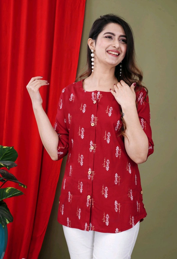 Casual Roll Up Sleeves Printed Women Green, Yellow, White Top
- Maroon, S