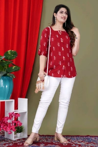 Casual Roll Up Sleeves Printed Women Green, Yellow, White Top
- Maroon, S