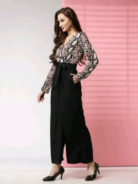 Women's Printed Maxi Jumpsuit, Black And Beige - Clam Shell, S