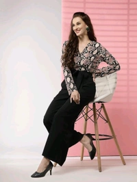 Women's Printed Maxi Jumpsuit, Black And Beige - Clam Shell, S