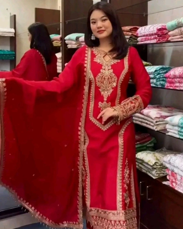 Heavy Chinon Silk kurti Eith Embroidered salwar And Dupatta Set
- Cardinal, M