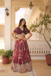 Russian Silk Wine Lehenga Choli Set: Foil Print, Can-Can Flair - Crater Brown, XL