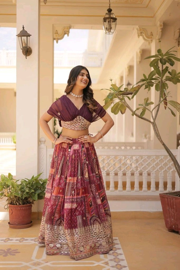 Russian Silk Wine Lehenga Choli Set: Foil Print, Can-Can Flair - Crater Brown, XL