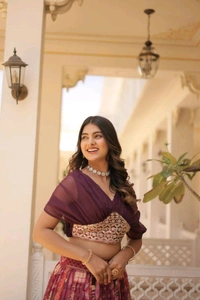 Russian Silk Wine Lehenga Choli Set: Foil Print, Can-Can Flair - Crater Brown, XL