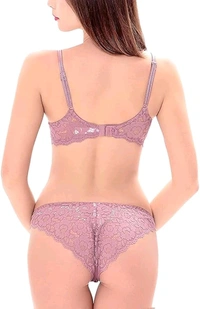 Premium Women's Padded Bra Penty Set | Net Fabric Padded Underwire Undergarments Set Lingerie | Push-Up Underbody Polyamide Set for Women - Purple, 34A