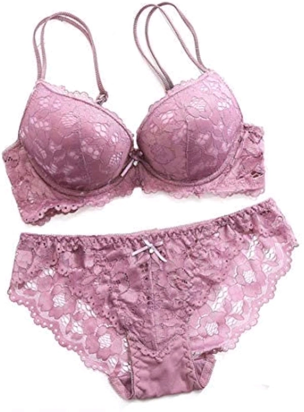 Premium Women's Padded Bra Penty Set | Net Fabric Padded Underwire Undergarments Set Lingerie | Push-Up Underbody Polyamide Set for Women - Purple, 36A